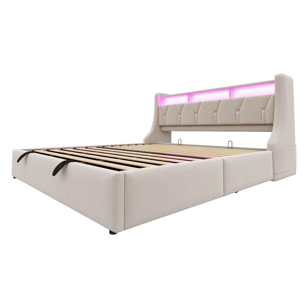 Letto Contenitore Matrimoniale 180x200 cm; USB; Type-C; LED; Velluto Beige