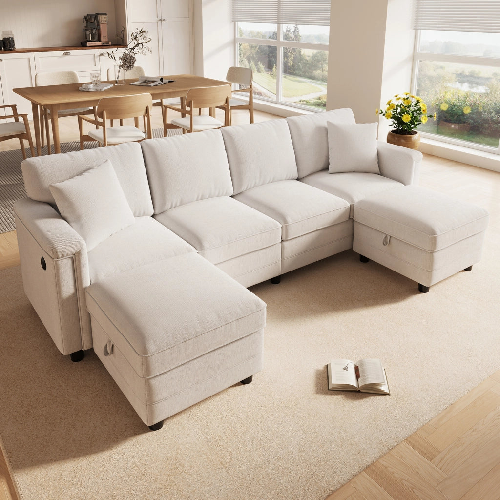 Divano modulare trasformabile a L e U 261 x 134 x 82 cm con due pouf contenitore; ciniglia beige
