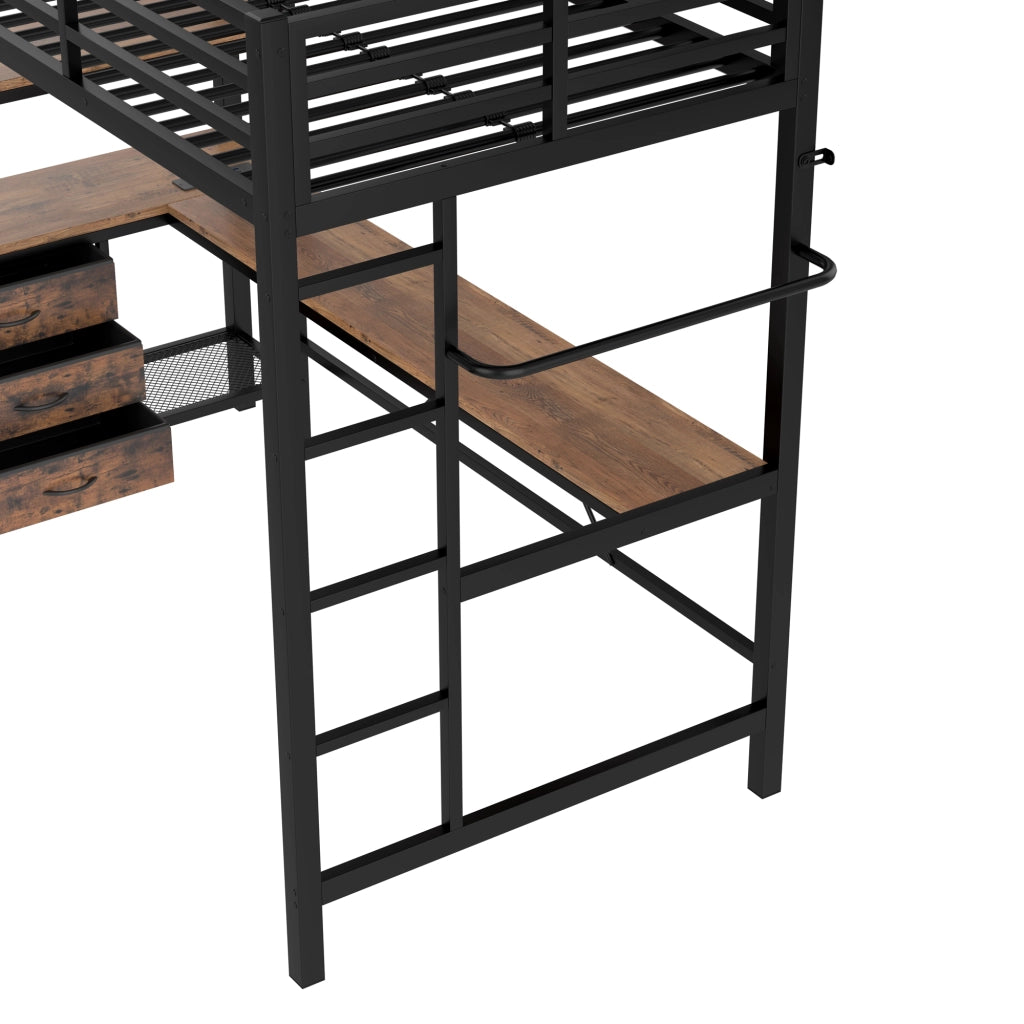 Letto a soppalco 90 × 200 cm con scrivania; LED con telecomando; presa USB; 3 cassetti; ripiani; nero