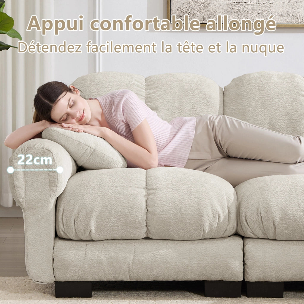 Divano angolare modulare 4 posti in tessuto chenille colore kaki chiaro, con pouf mobile e design ergonomico