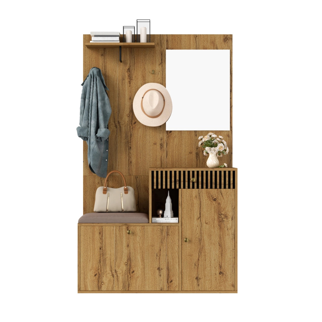 Mobile da ingresso con specchio, seduta imbottita, ganci e ripiani aperti, in MDF nero e legno, 110 × 37 × 185.5 cm