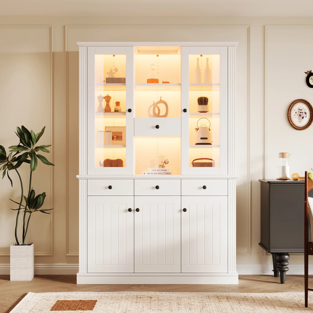 Vetrina con 5 ante; 4 cassetti e 21 vani con LED per soggiorno e sala da pranzo; in MDF bianco; 119.5×40×180 cm