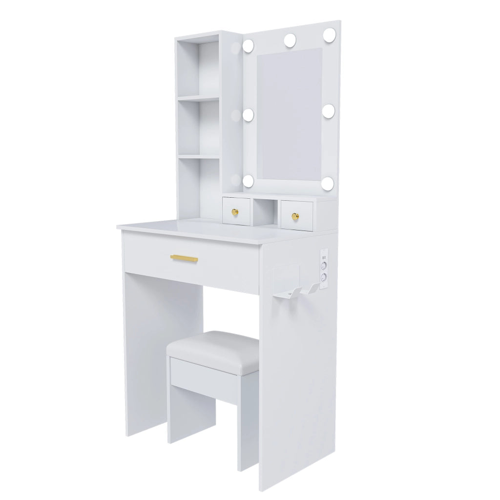 Set da toeletta con sgabello imbottito, specchio a LED, presa di corrente e cassetto, bianco
