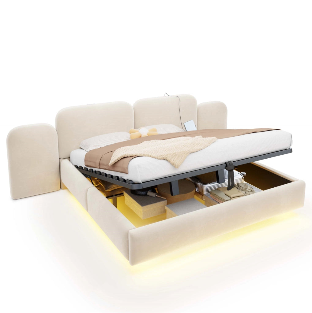 Letto matrimoniale contenitore 180x200 cm in velluto beige con LED RGB e prese USB-C HOMVRA