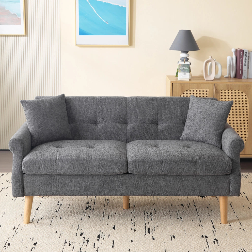 Divano dritto 2 posti con cuscini spessi e braccioli ergonomici in ciniglia grigio 162 × 74 × 77 cm