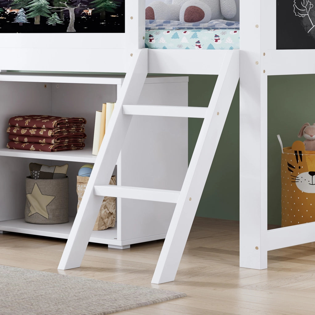 Letto a soppalco bambini 90x200 cm con armadio e lavagna