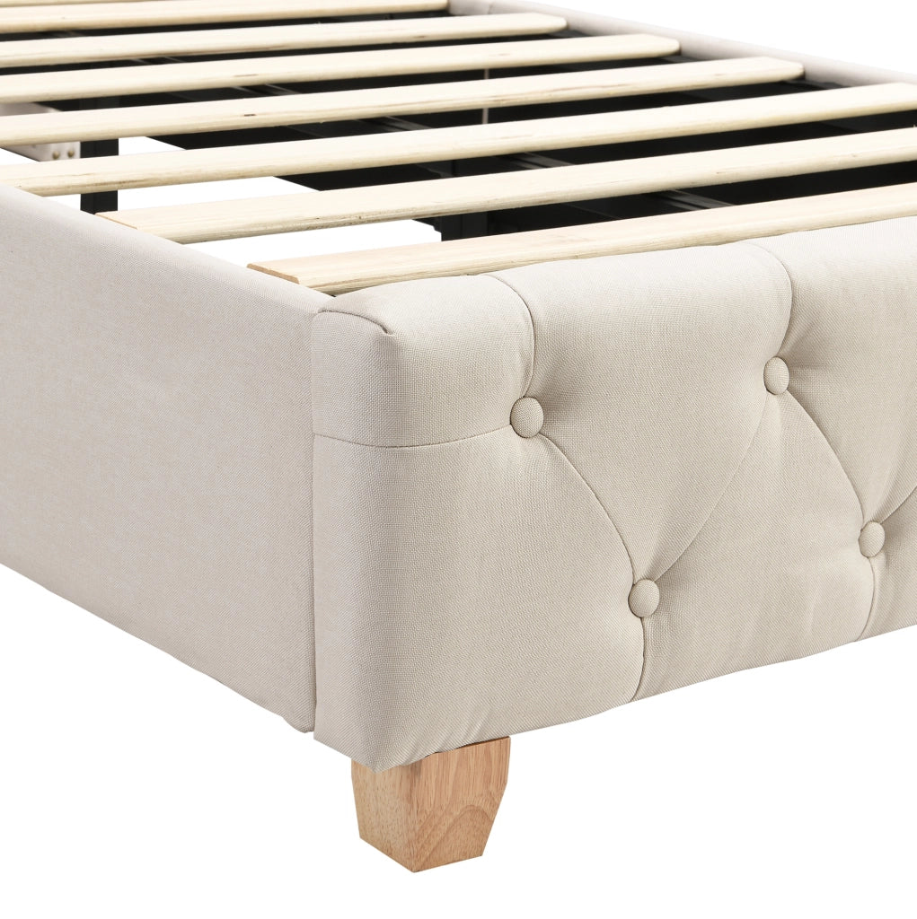 Letto imbottito 90x200 cm in lino beige con testiera trapuntata a bottoni e 12 doghe