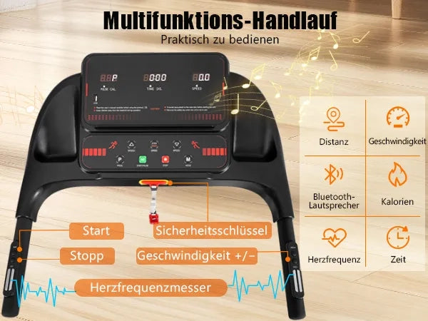 Tapis Roulant Pieghevole per Casa, 3,0 HP, Velocità fino a 14 km/h, Inclinazione 8%, Ampia Superficie di Corsa, Silenzioso, Display LED e Bluetooth, Portata Max 120 kg