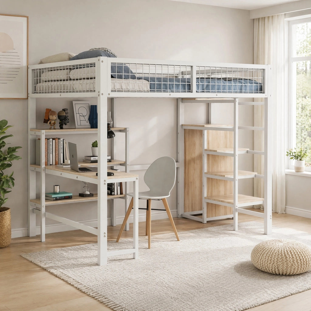 Letto a soppalco 140x200 cm con scrivania, ripiani e armadio integrato