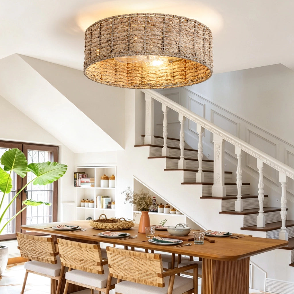 Ventilatore da soffitto 19 pollici in rattan naturale con luce, controllo doppio tramite app e telecomando, 6 velocità reversibili, pale in ABS silenziose
