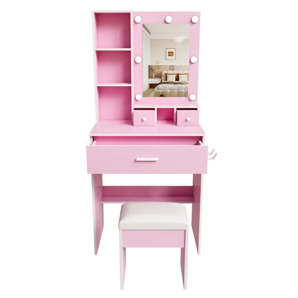 Set Trousse da Trucco ¨C Minimal ¨C Rosa, con Cassetti, Scaffale, LED Regolabile, Hocker Imbottito, 60x38x131.5 cm