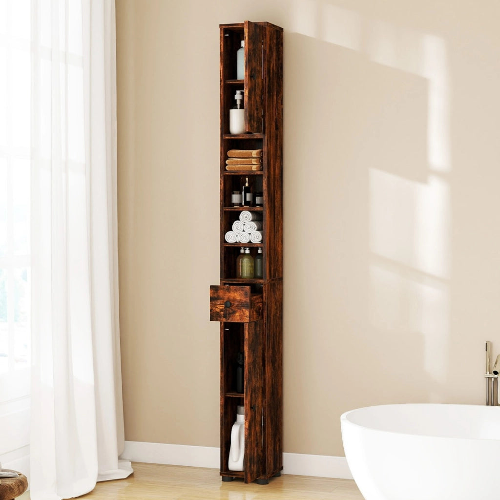 Armadio da bagno alto slim con 1 cassetto di stoccaggio, Armadio da bagno 5 ripiani regolabili struttura antiscivolo Marrone