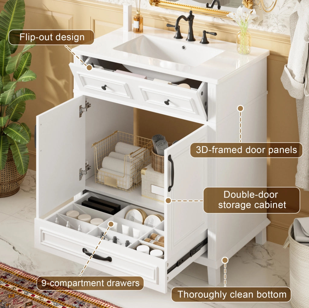 Mobile da bagno bianco, 77x46x86 cm con lavabo in ceramica integrato e 9 scomparti