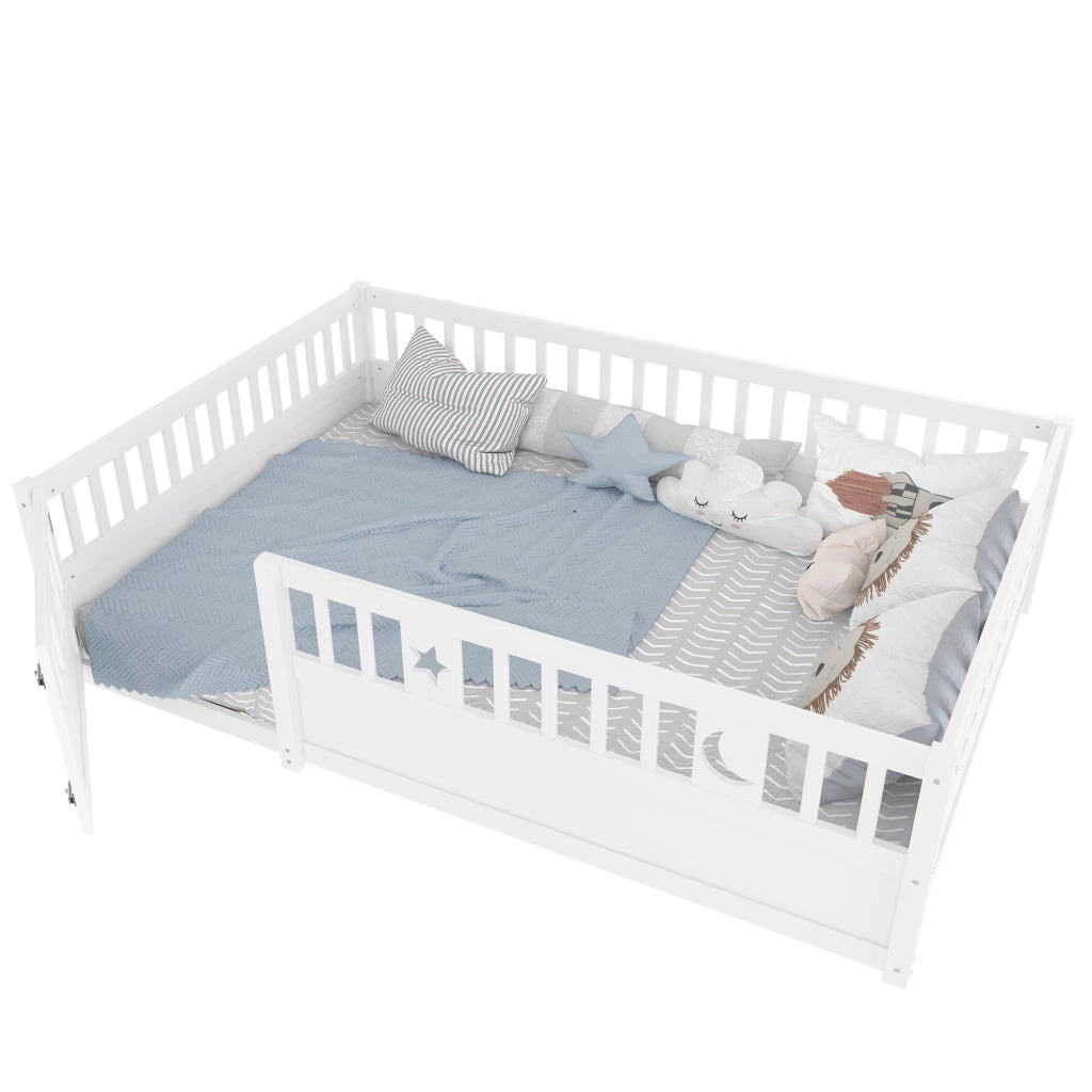Letto per bambini 140 × 190 cm con barriere e chiusura di sicurezza; stelle e luna; senza materasso; pino bianco