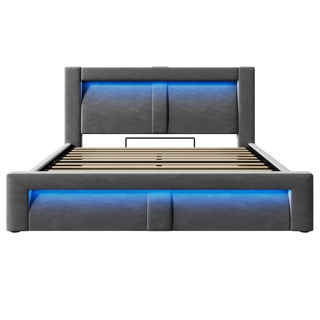 Letto contenitore 160x200 con testiera curva; LED e ricarica USB-C; velluto grigio