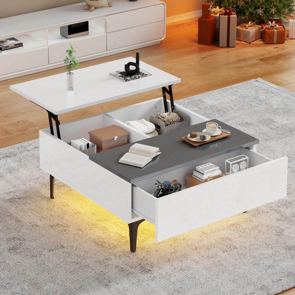 Tavolino basso alzabile con vano e cassetto LED in MDF bianco e grigio piano regolabile 70 × 70 × 35 cm