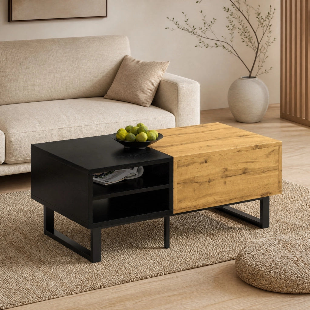 Tavolino da caffè con 3 vani aperti e cassetto 100x50x40 cm; truciolare effetto legno e nero