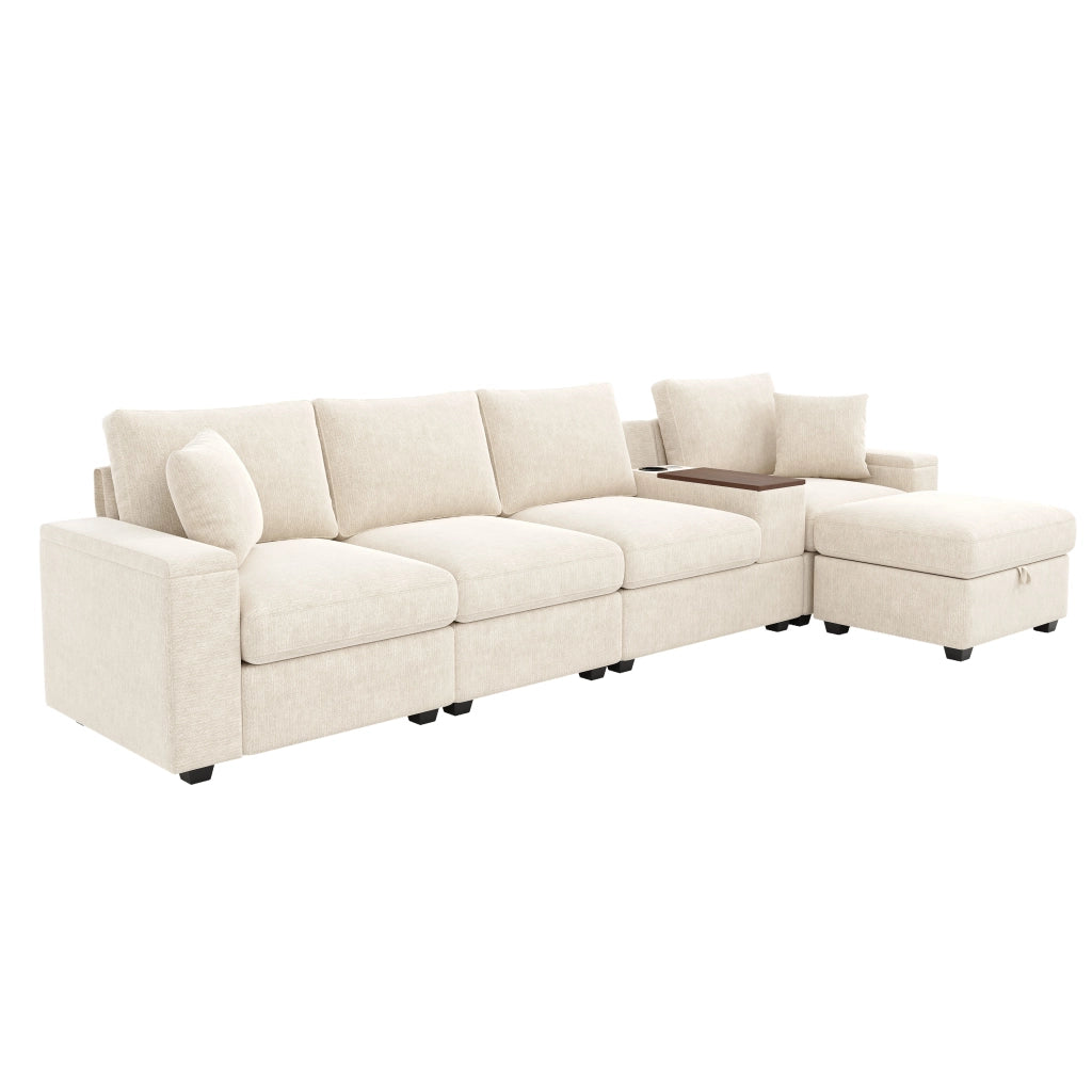 Divano modulare a L 313 x 147 x 82 cm con pouf e USB; ciniglia beige