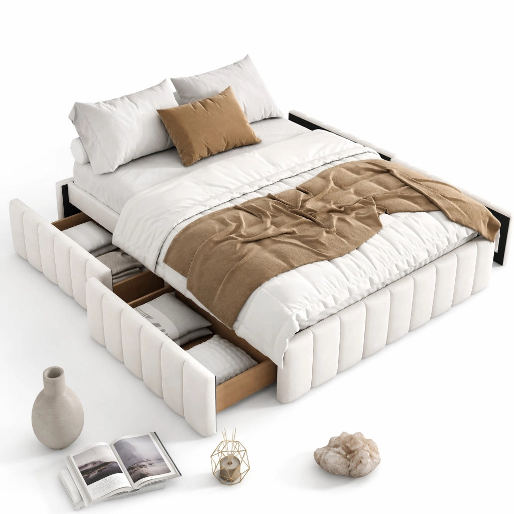Letto con cassetti 140 × 200 cm con rete a doghe senza testiera in velluto e MDF beige