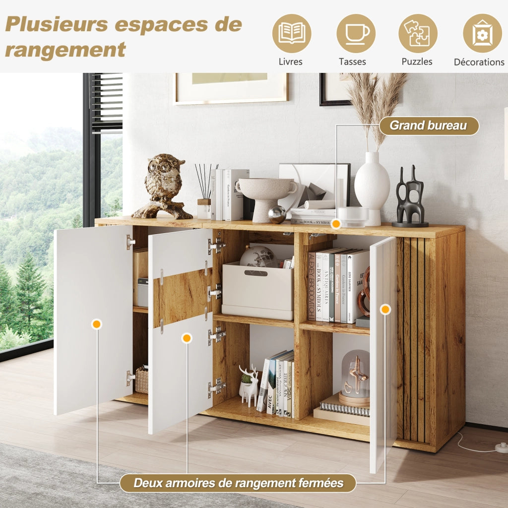 Madia con 3 ante senza maniglie e 6 vani push to open in MDF e truciolare bianca e color legno 140 × 35 × 71 cm