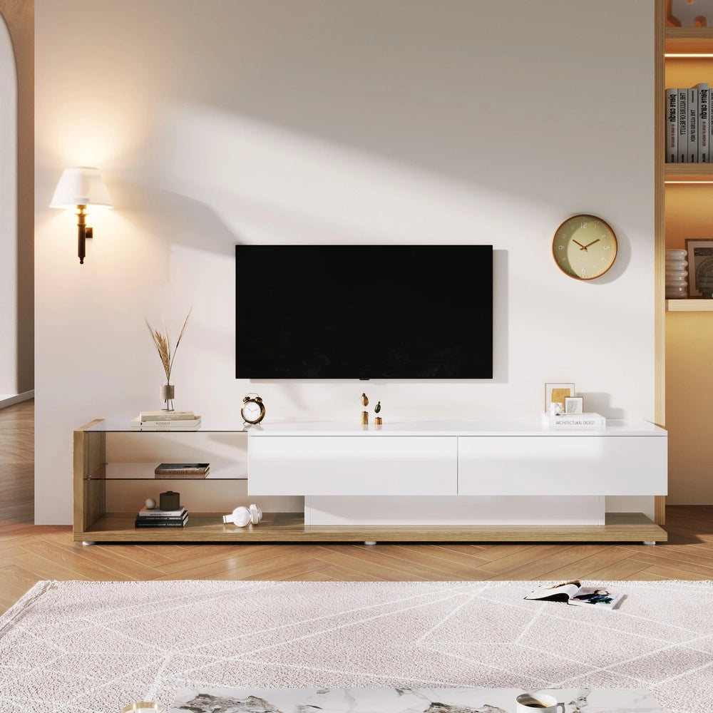 Mobile TV con LED ¨C Xylo ¨C Bianco Lucido e Legno con Ante in Vetro