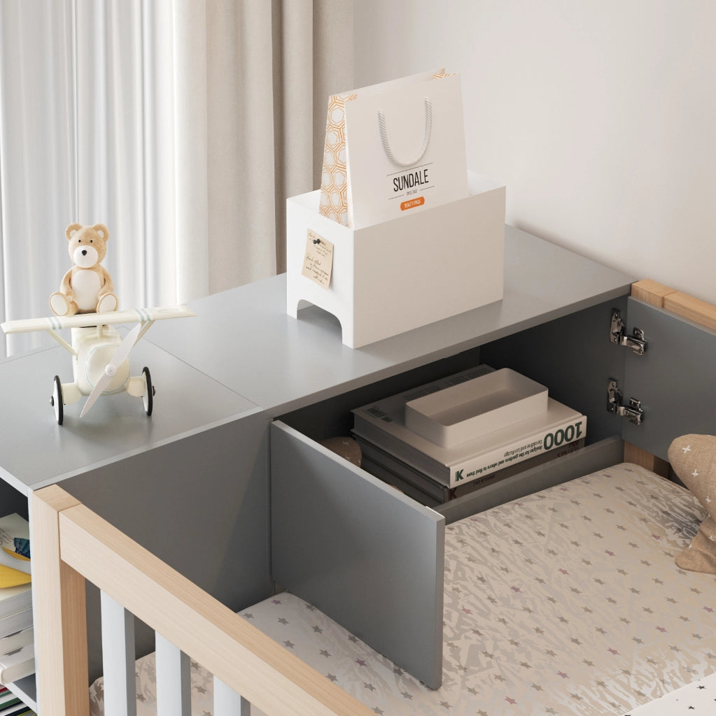 Letto a soppalco 90x200 cm con armadio e scale, grigio