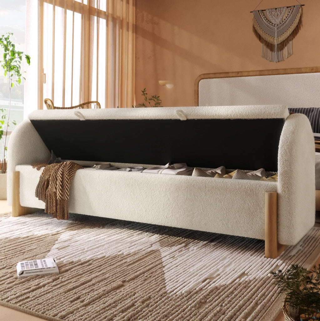 Panca contenitore con chiusura soft, 166x47x61 cm, rivestimento in tessuto bouclé bianco, gambe a U in legno massello di gomma, carico max 150 kg