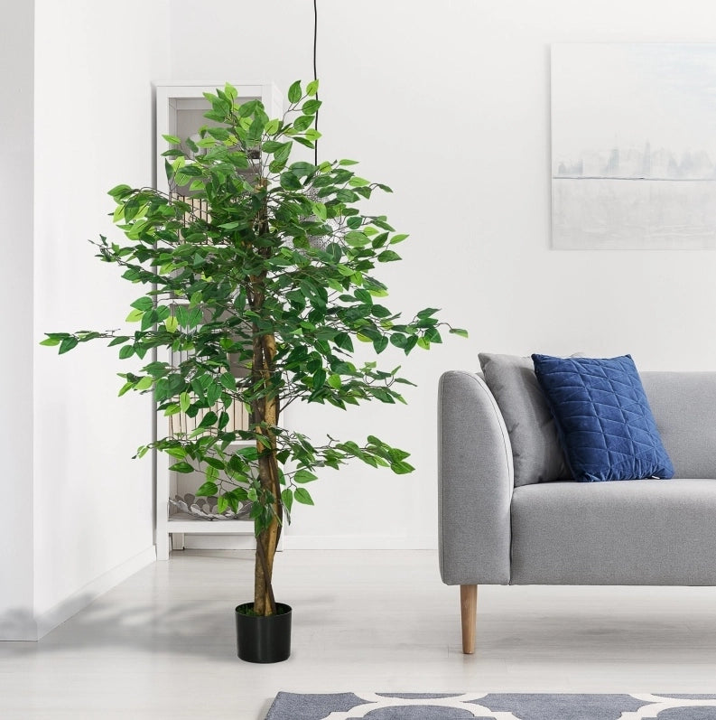 Ficus artificiale ULEVR 150 cm con 882 foglie, vaso in cemento e muschio decorativo, verde