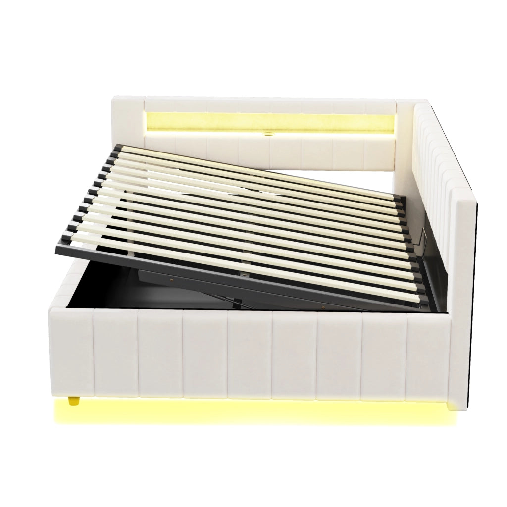 Letto con contenitore 140 × 200 cm imbottito con LED e porta USB in velluto beige con rete a doghe