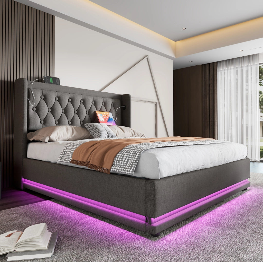 Letto matrimoniale imbottito 160x200 cm con contenitore, LED e ricarica USB-C