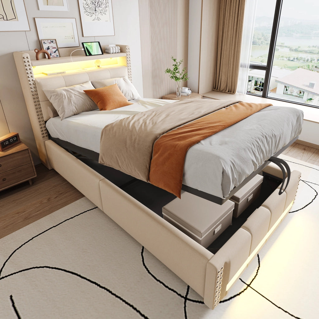 Letto singolo imbottito per bambini 90x200 cm con LED, USB e contenitore idraulico, beige