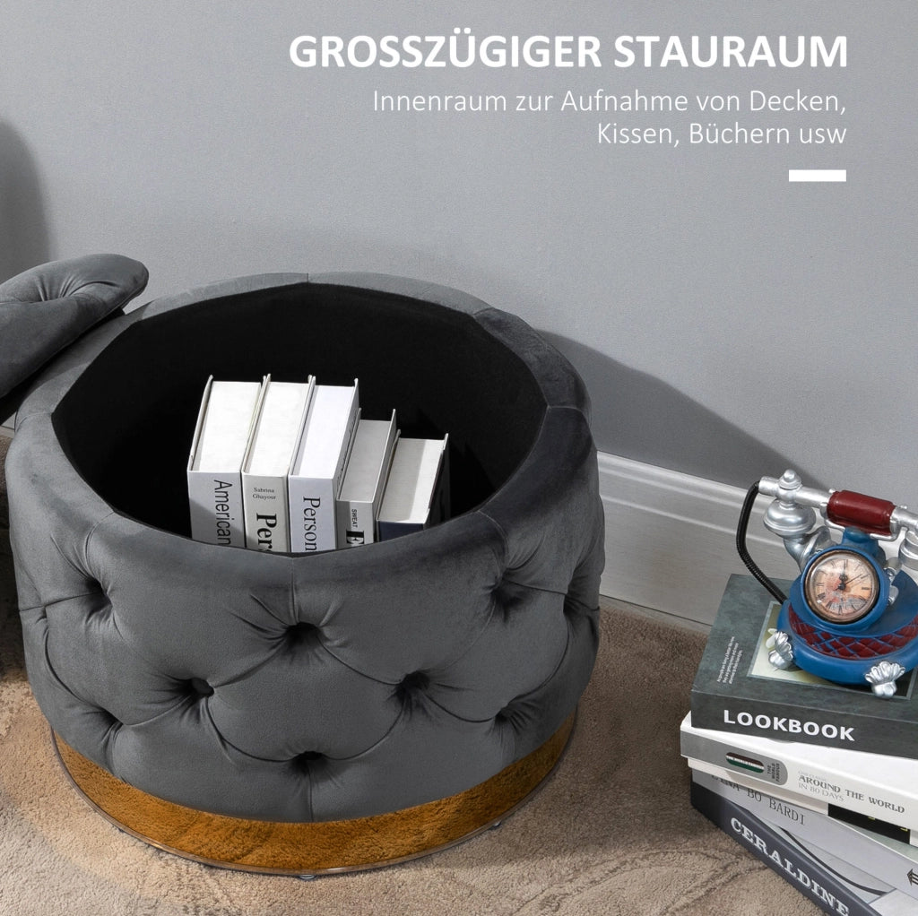 Pouf Vintage in Metallo e Schiuma con Spazio Contenitore, 55x55x42 cm, Grigio Carbone