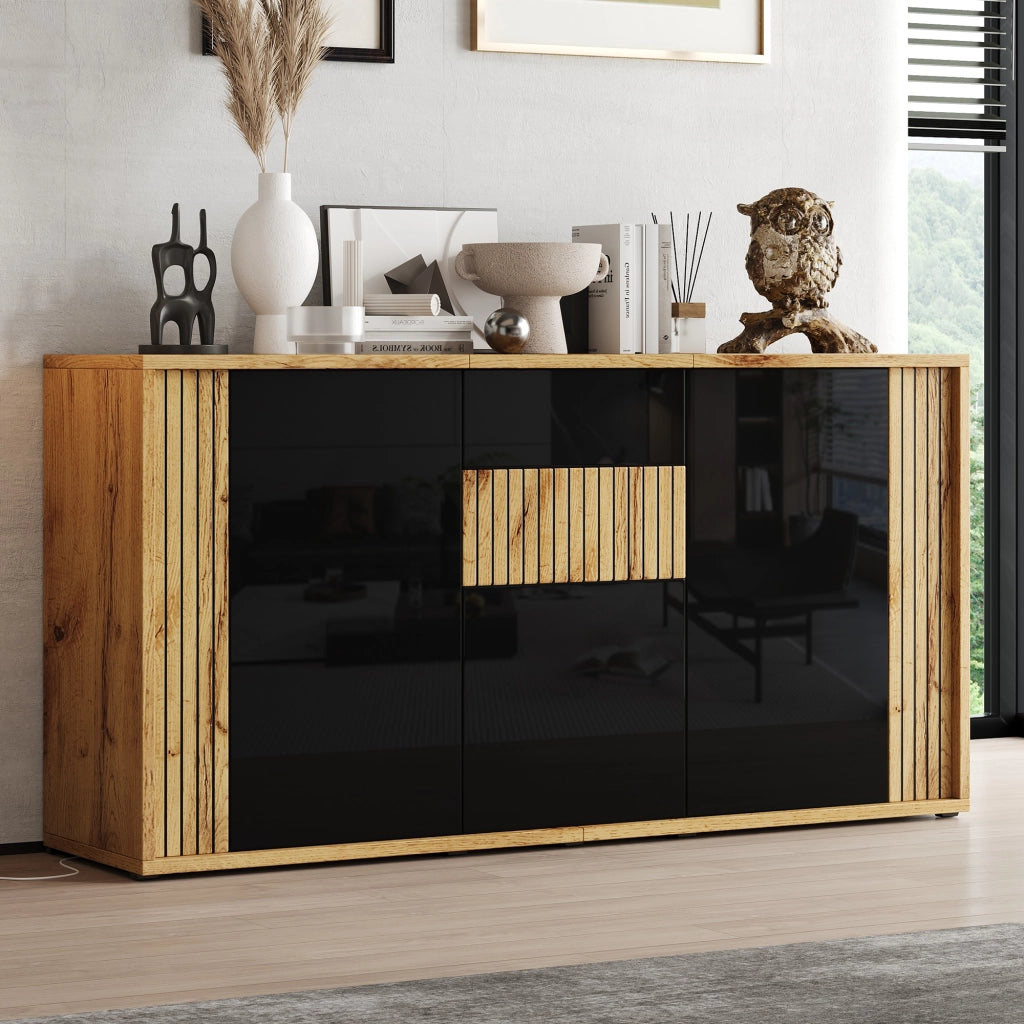 Madia nera e legno con 3 ante; credenza moderna da 140 cm in MDF e pannello truciolare