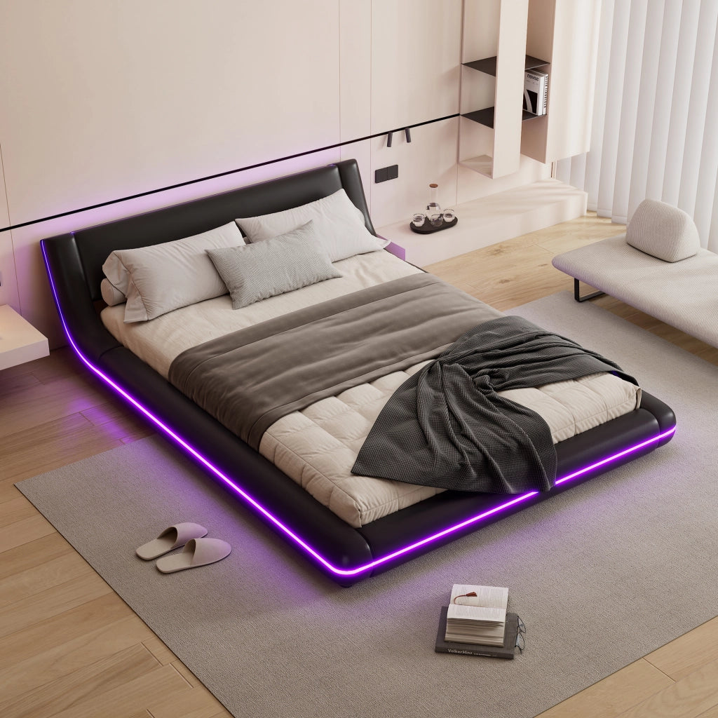 Letto basso a pavimento 140 x 200 cm in PU, luce ambiente LED - Nero