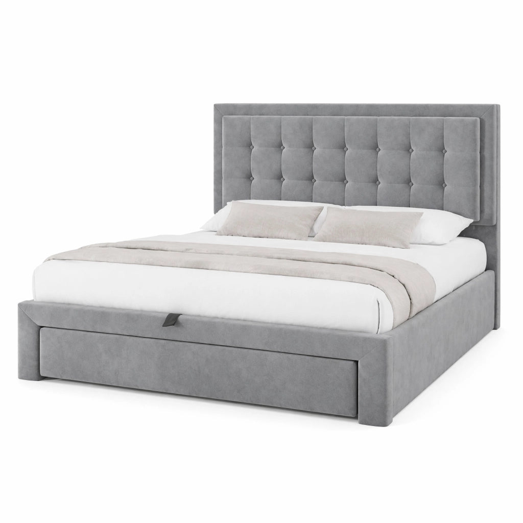 Letto imbottito in velluto grigio con testiera regolabile