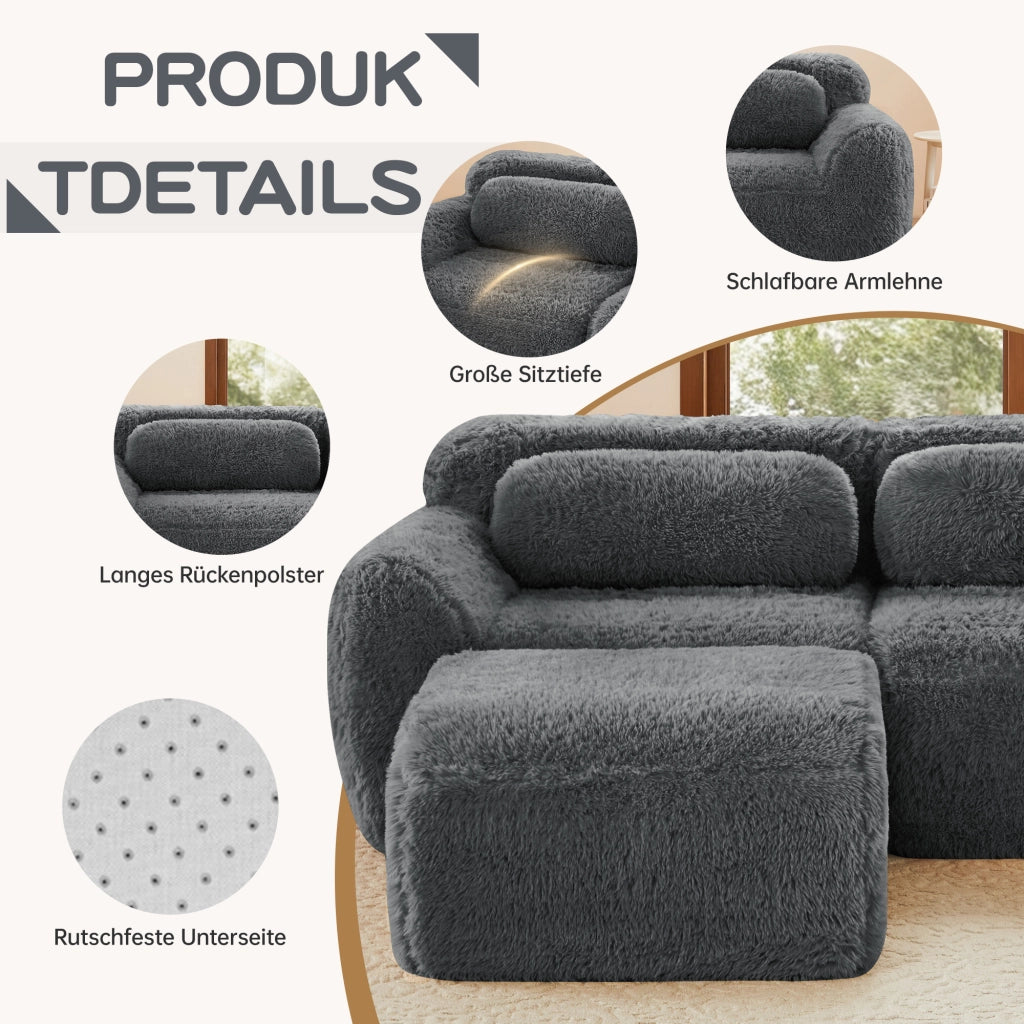 Divano Modulare 4 Posti con Cuscini e Base Antiscivolo; in Peluche; Grigio