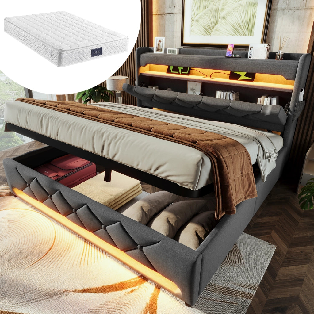 Letto matrimoniale imbottito 140 ¡Á 200 cm con contenitore idraulico LED USB tipo C lino grigio con materasso