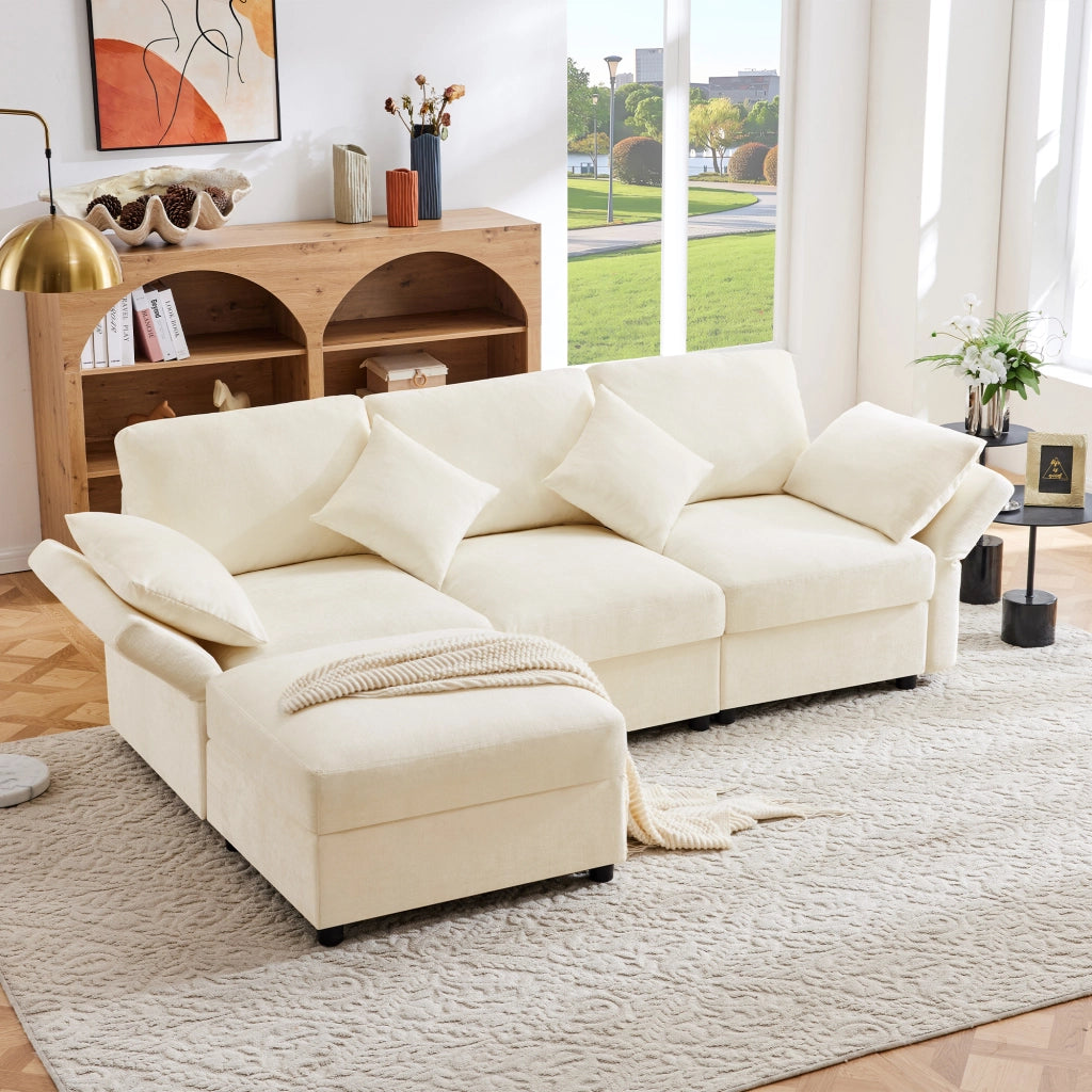 Divano angolare 218x156,5 cm con pouf e braccioli regolabili in ciniglia beige