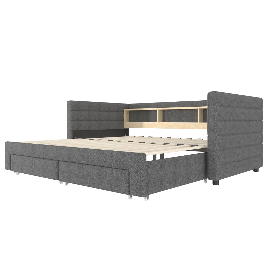 Letto divano singolo 90 × 190 cm estraibile; 2 cassetti; LED; USB e Type-C; senza materasso; in velluto grigio