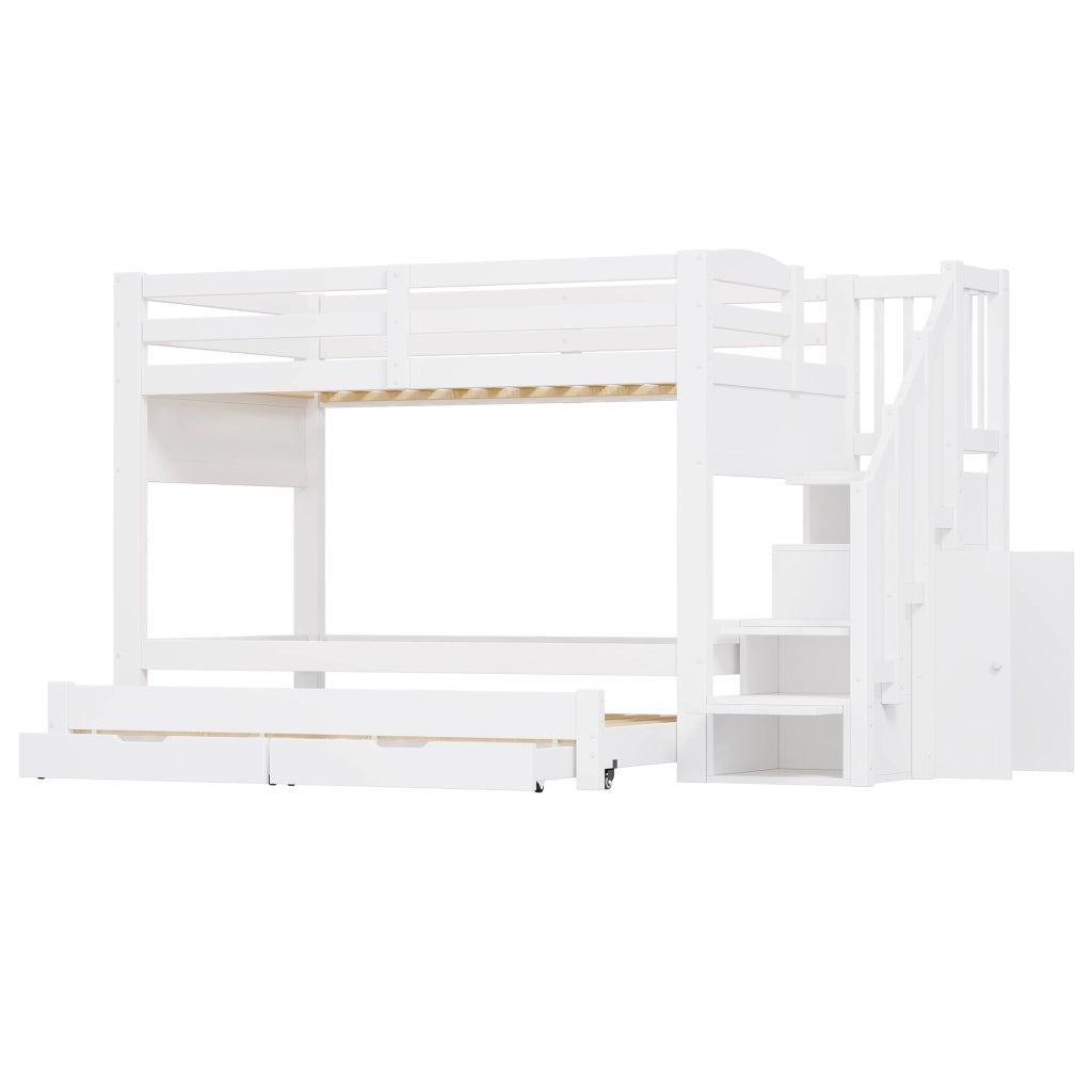 Letto a castello 90x200 cm bianco con letto estraibile; 2 cassetti; scala contenitore e armadio