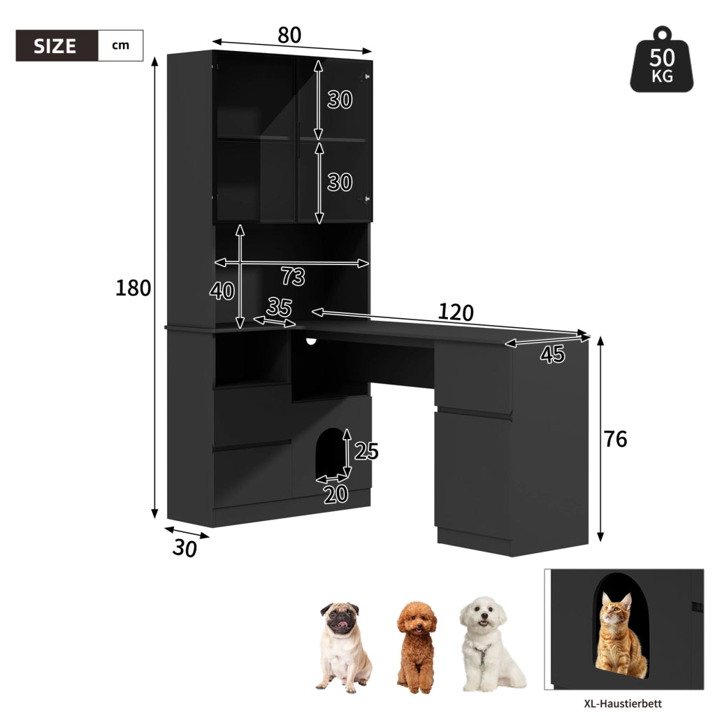 Scrivania angolare 120x80x180 cm con scaffale integrato, vetrina LED e vano per animali domestici, struttura in MDF e vetro grigio fumo