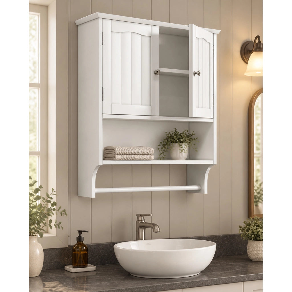 Mobiletto bagno bianco da parete con portasciugamani, 2 ripiani regolabili, 56,8x19x70 cm