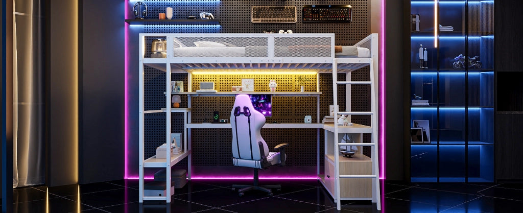 Letto a soppalco da gioco in metallo 140x200 cm con scrivania integrata, illuminazione LED e ampio spazio di archiviazione bianco