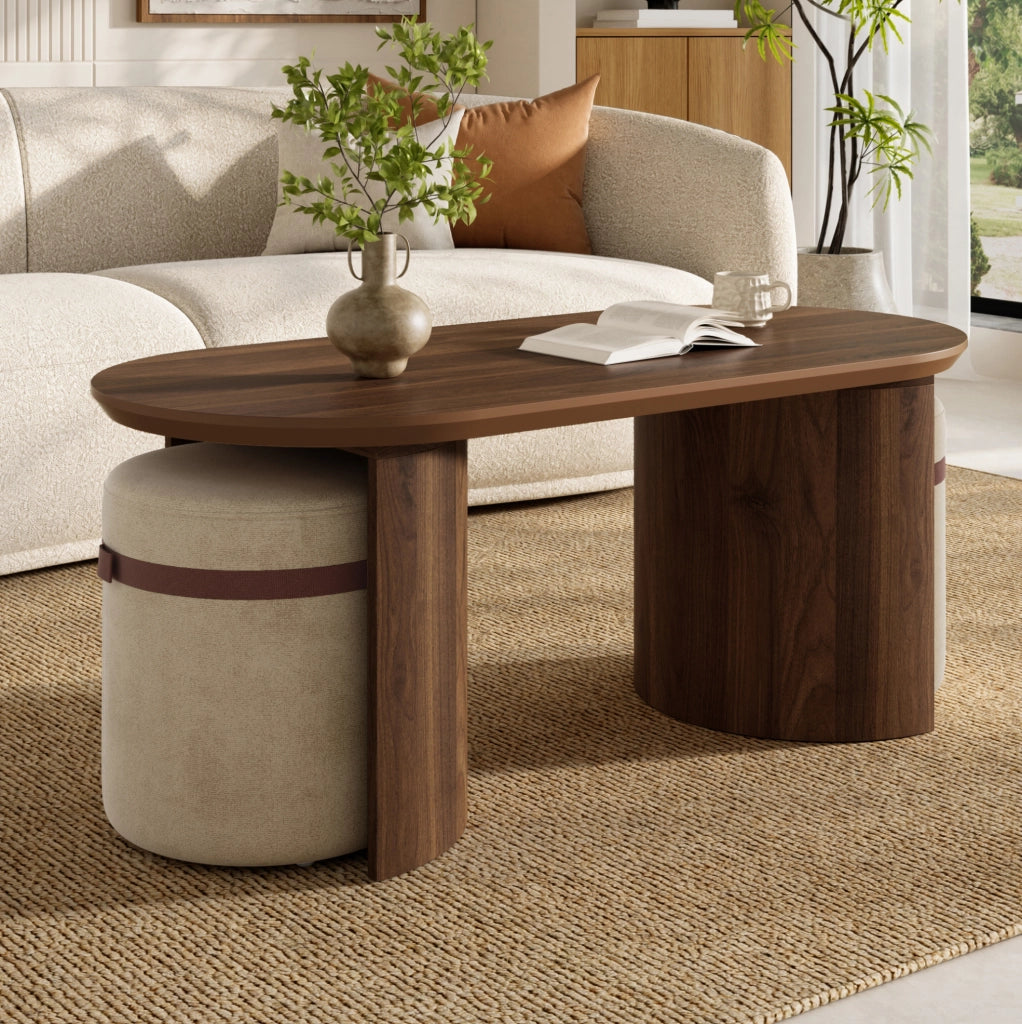 Set tavolino da salotto ovale con 2 pouf imbottiti in MDF e legno di pino noce HAVRYA