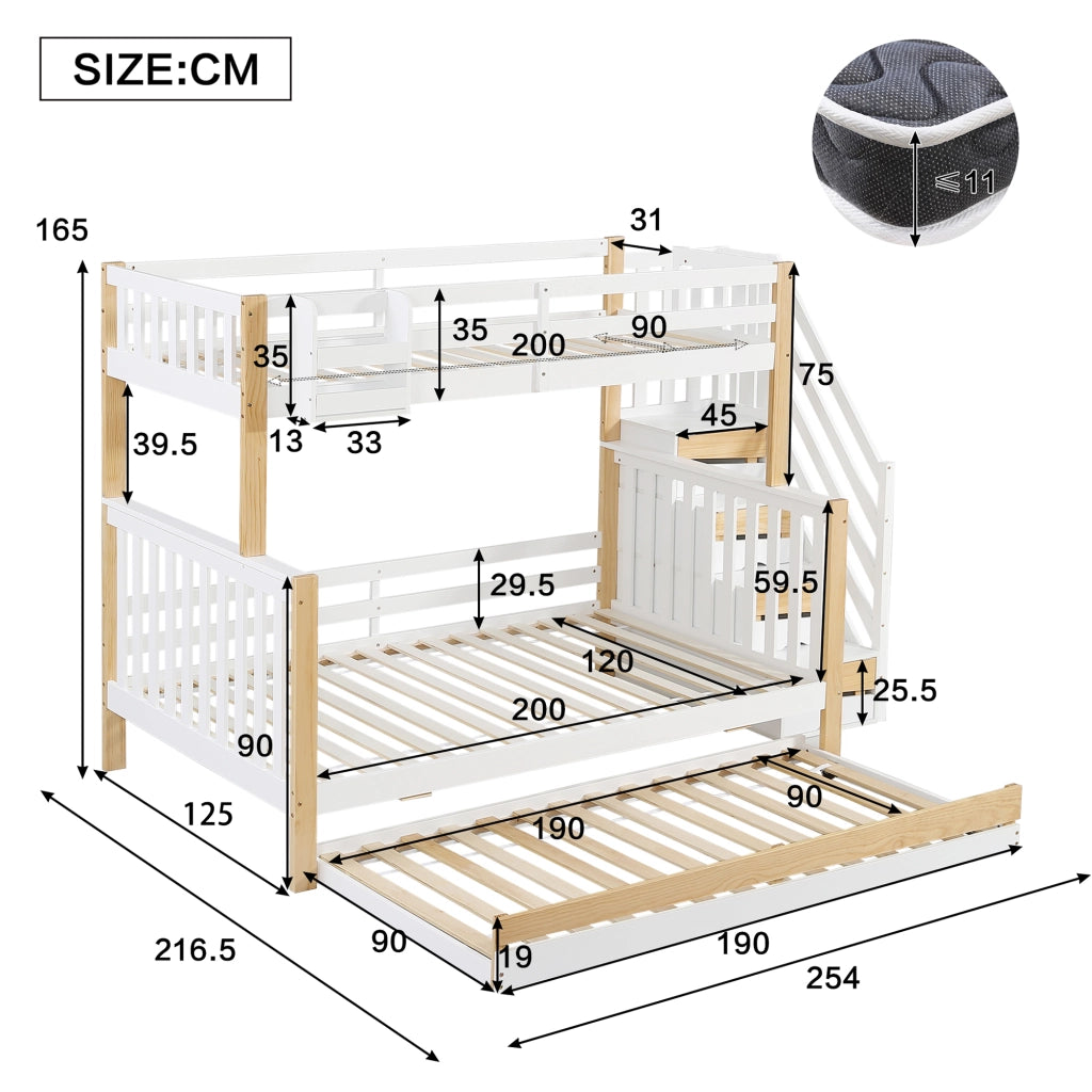 Letto a castello per bambini con letto estraibile; pino e MDF; scala contenitore; bianco e legno naturale