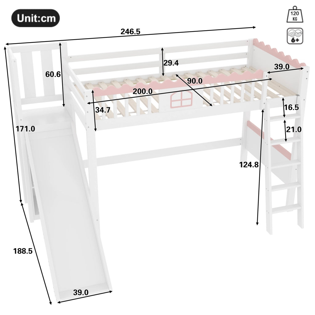 Letto a castello singolo in pino con scivolo, LED e ripiani, bianco, 90x200 cm