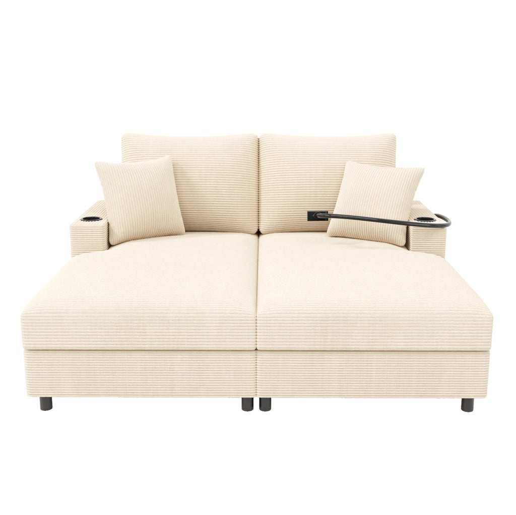 Divano letto doppio in velluto a coste beige con funzione sonno, porta cellulare rotante, porte USB e portabicchieri