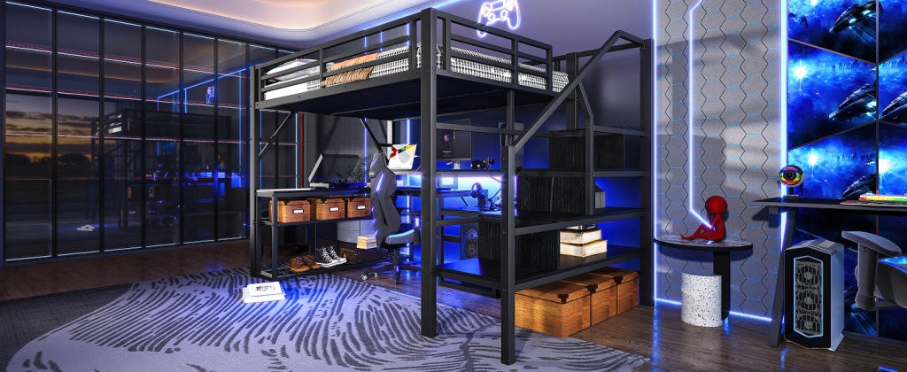 Letto a soppalco 140 × 200 cm con scrivania LED USB vani contenitore e ripiani in metallo e MDF nero