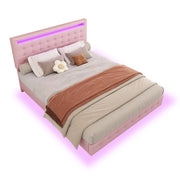 Letto imbottito 140x200 cm in similpelle rosa con LED e testiera regolabile
