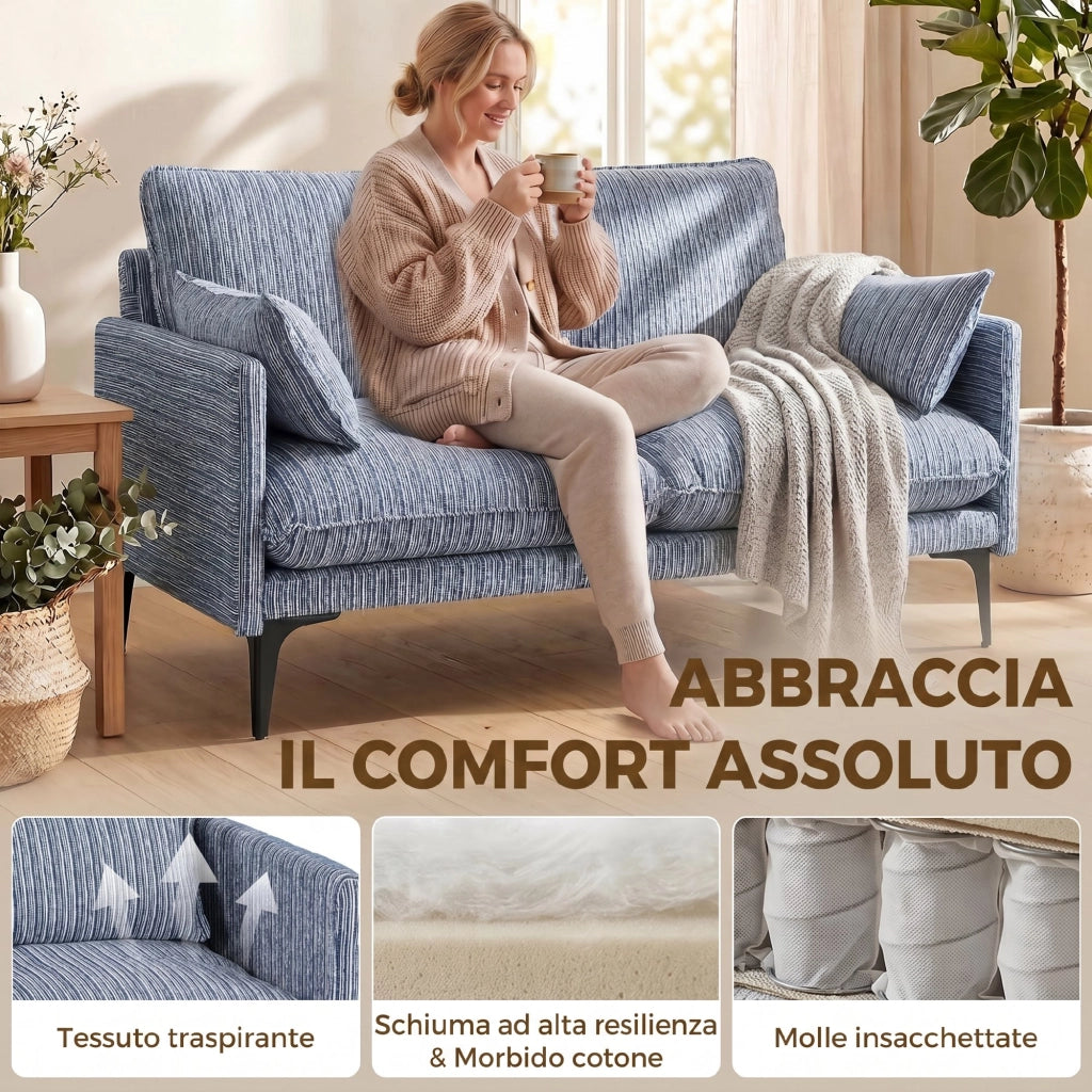 Divano 2 Posti 131x78x83 cm con Braccioli Imbottitura Spessa e 2 Cuscini in Tessuto Blu